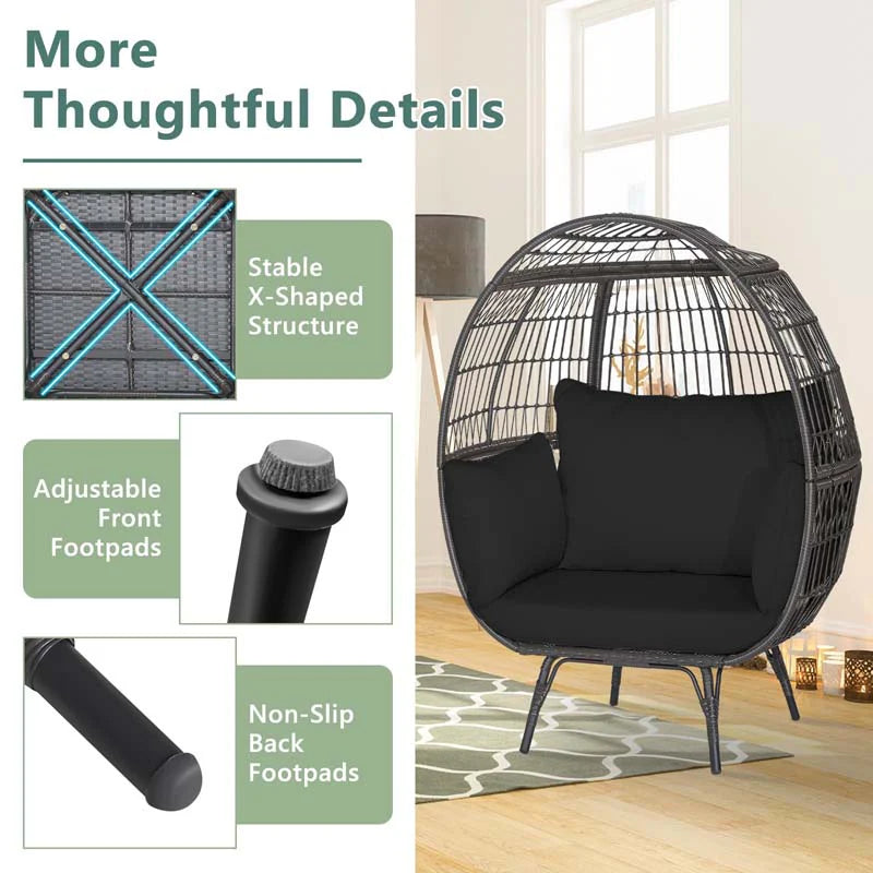 Oversized Wicker Egg Chair With 4 Cushions, 43 x 32.5 x 57 in