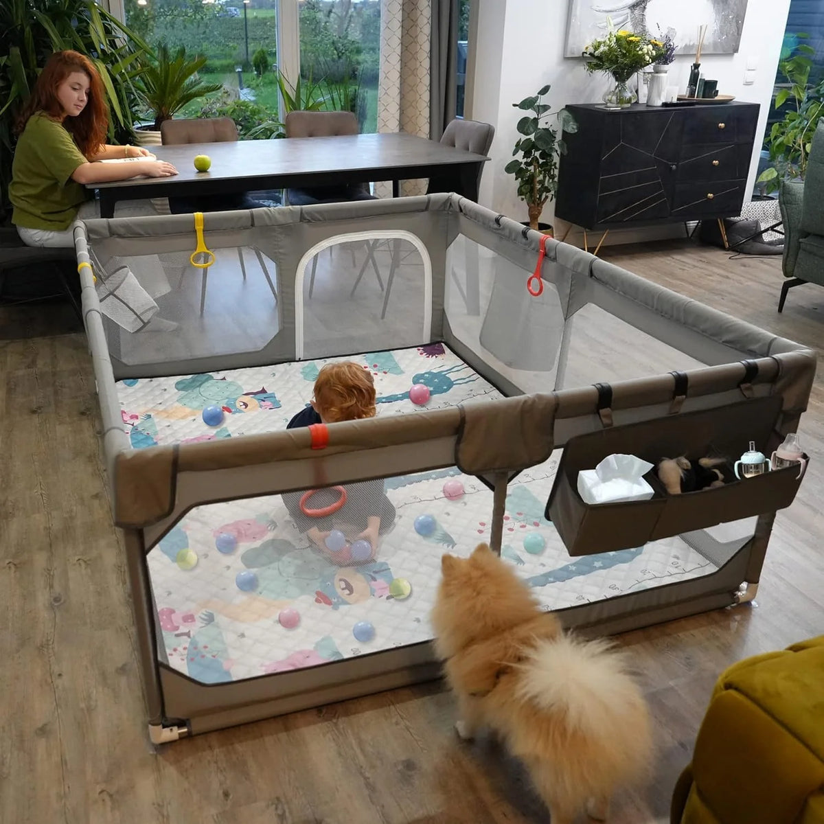 Baby Playpen With Folding Mat, 75 x 59 x 26 in, Grey