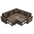 82.6 in L-Shaped Corded Velveteen Sectional Sleeper Sofa, Brown, USB Ports And Power Sockets - 82.6 in W x 82.6 in D x 33 in H
