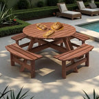 8-Person Fir Wood Round Picnic Dining Set With 4 Built-In Benches, 43.3-In Tabletop And Umbrella Hole