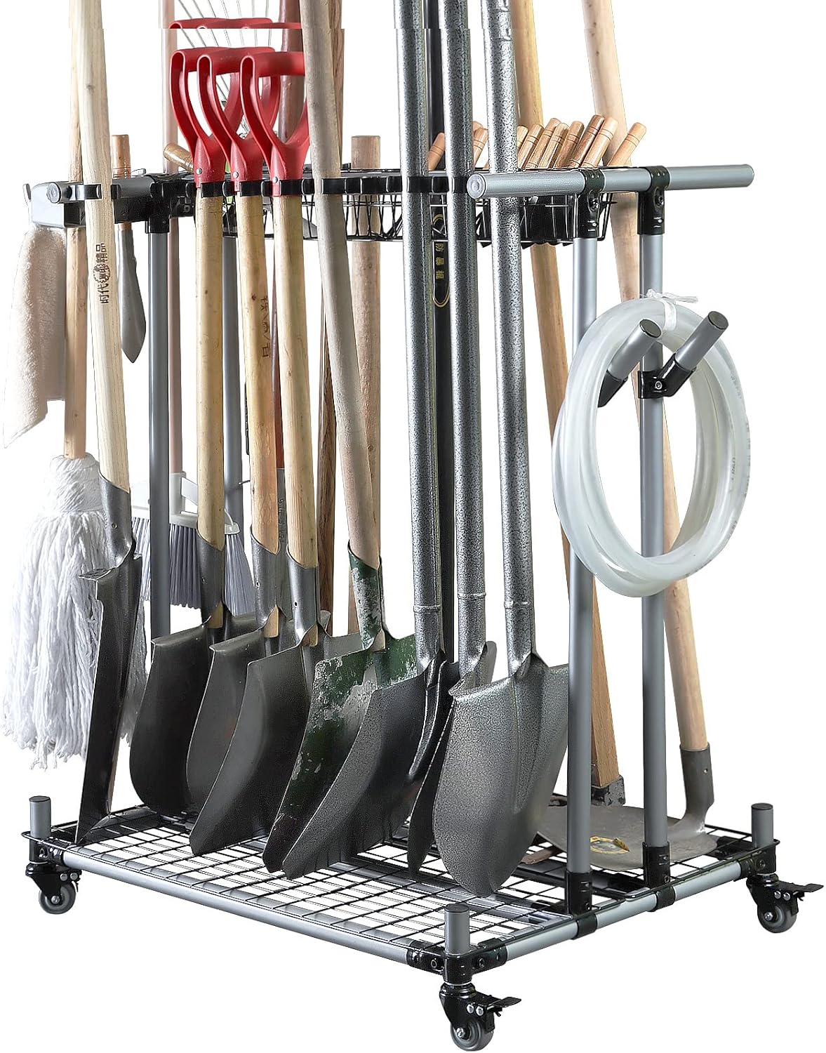 Garden Tool Organizer Metal Rack With Casters, 23.6in D x 31.5in W x 39.1in H - Garden