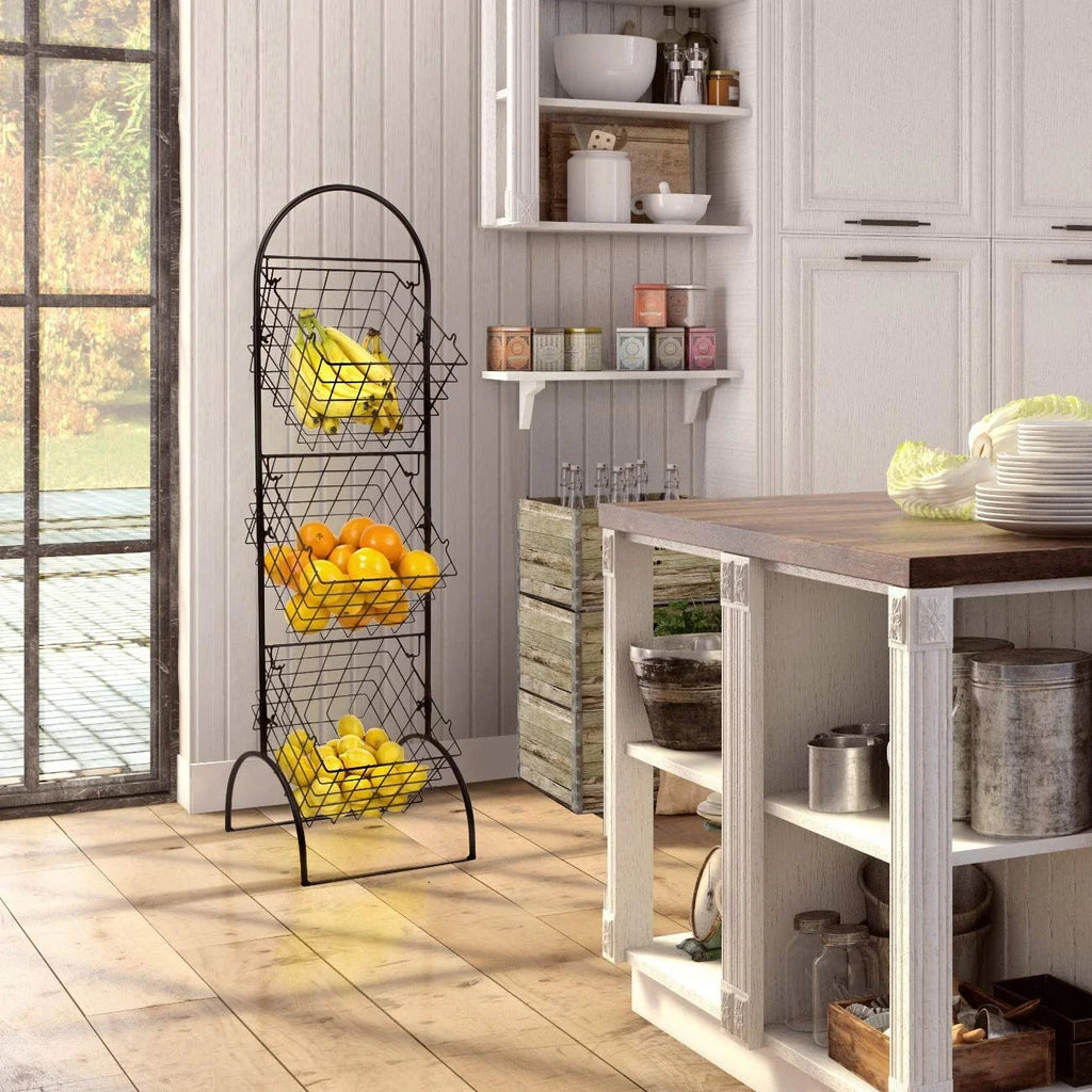 3-Tier Wall-Mounted Steel Storage Rack With Removable Baskets - Black