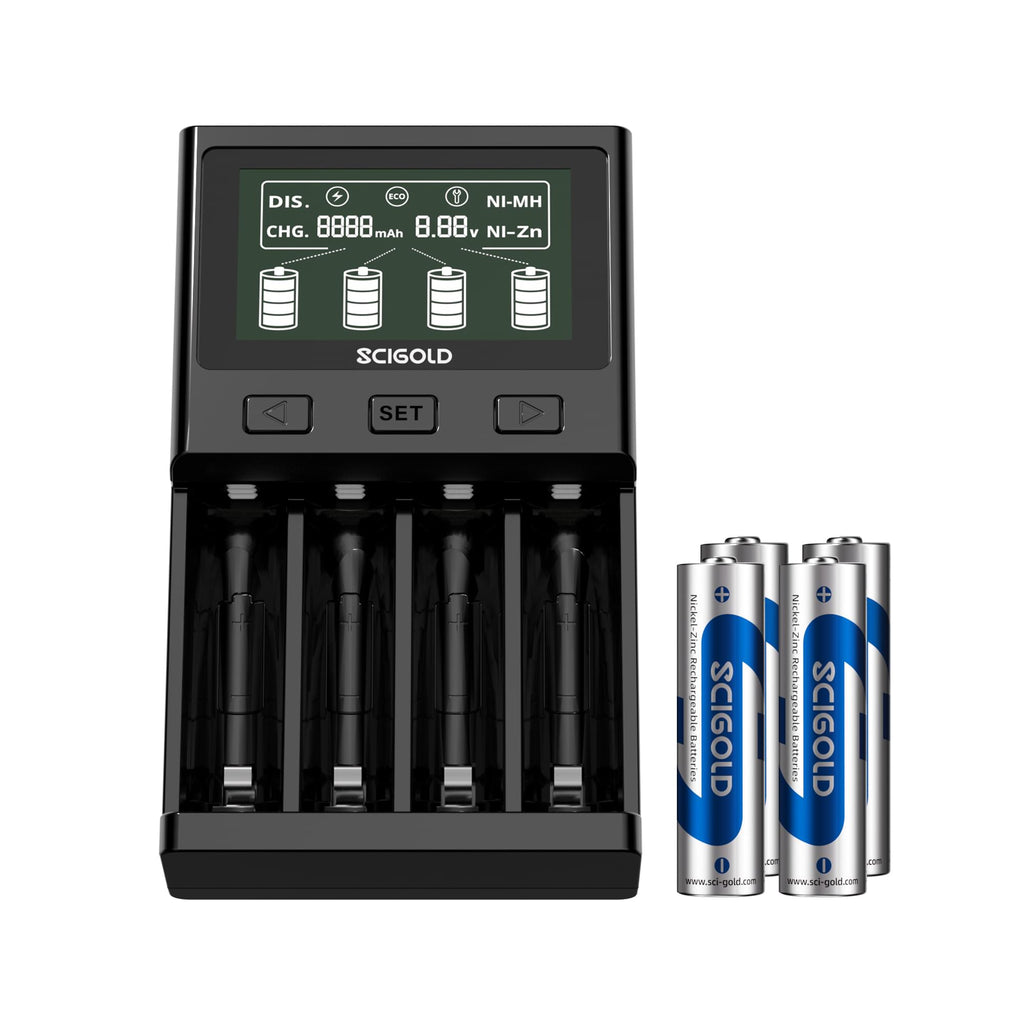 Scigold Ni-Zn AA Batteries, 4 Pack, 2500mWh, 1.6V With 4-Slot Ni-Zn/Ni-MH Charger - SG-C00H-0404 + SG-B00A-ZN01
