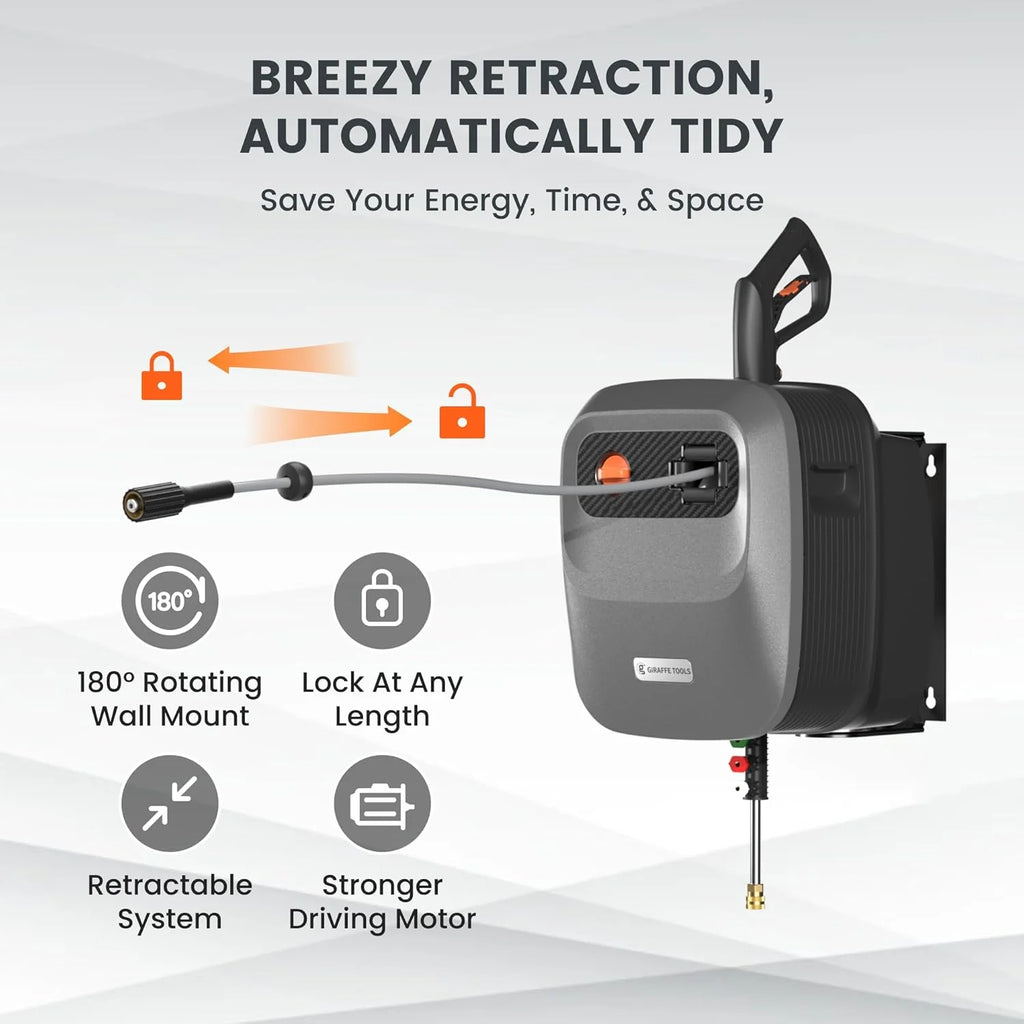 Giraffe Tools Wall-Mounted Pressure Washer, 2500 PSI, 2.2 GPM, 65 FT Hose, Dark Silver - G20 Pro
