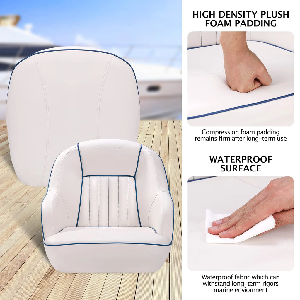 Pontoon Boat Captain's Bucket Seat, White & Blue, 19.5 in H x 22 in W x 21.5 in D - Boat Cabin Seating