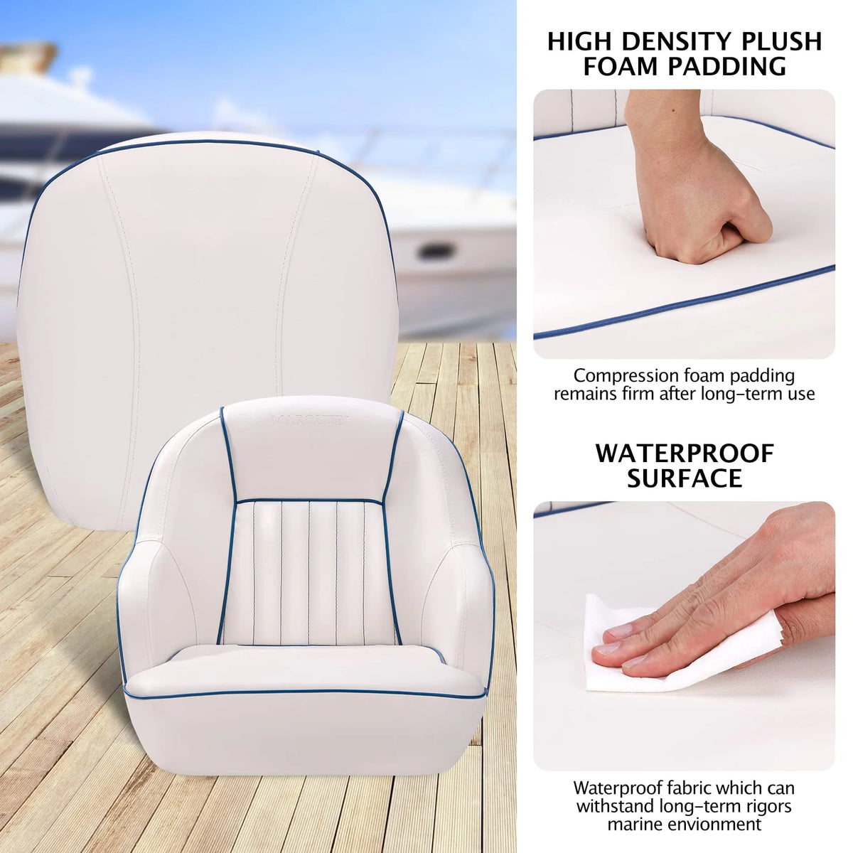 Pontoon Boat Captain's Bucket Seat, White & Blue, 19.5 in H x 22 in W x 21.5 in D - Boat Cabin Seating