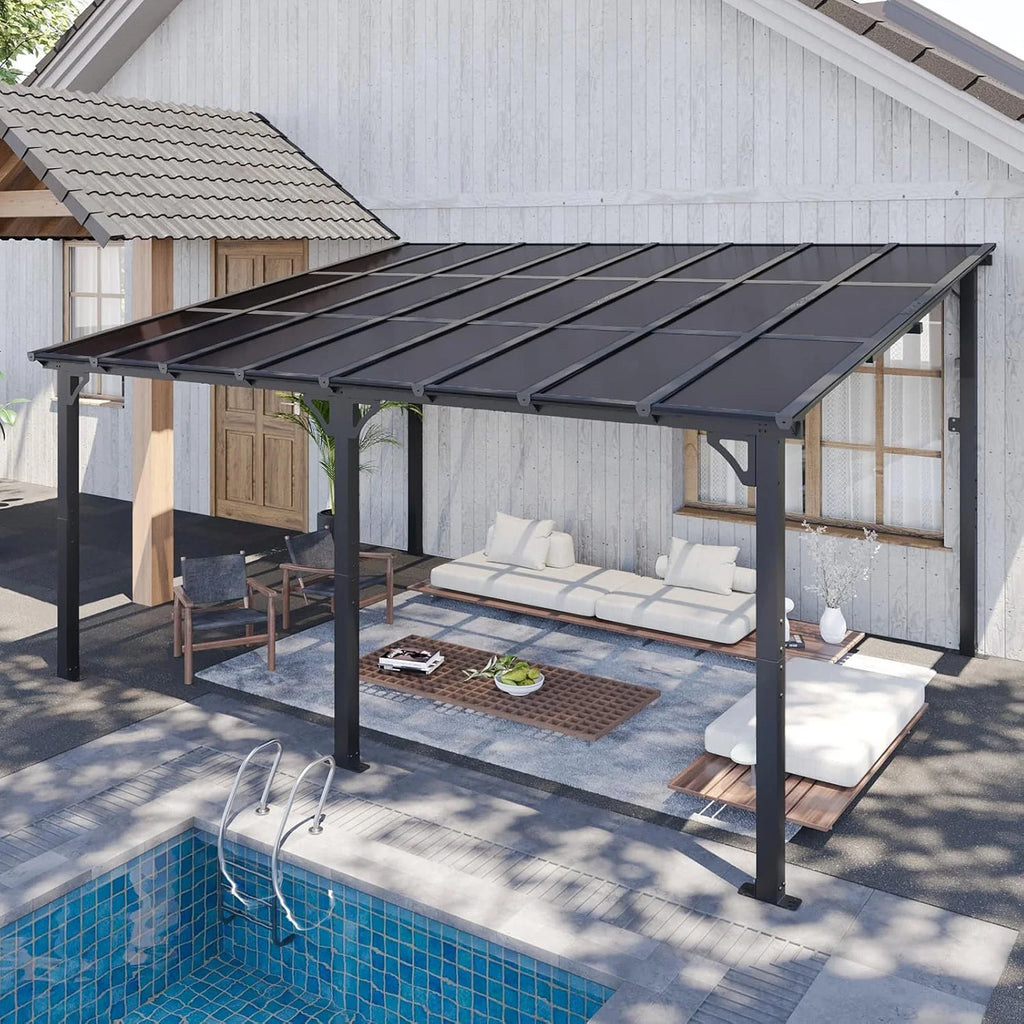 Wall-Mounted Patio Gazebo 10' x 12' With Sloped Polycarbonate Roof