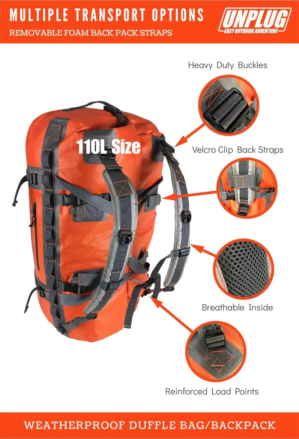 UNPLUG Waterproof Duffel Backpack, 65L, Adventure Orange - 100000