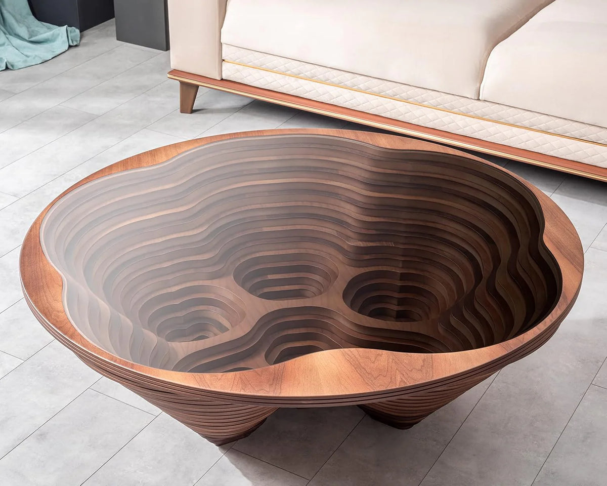 Coffee Table With Tempered Glass Tabletop And Natural Walnut Veneer, 35.43in D x 35.43in W x 16.53in H