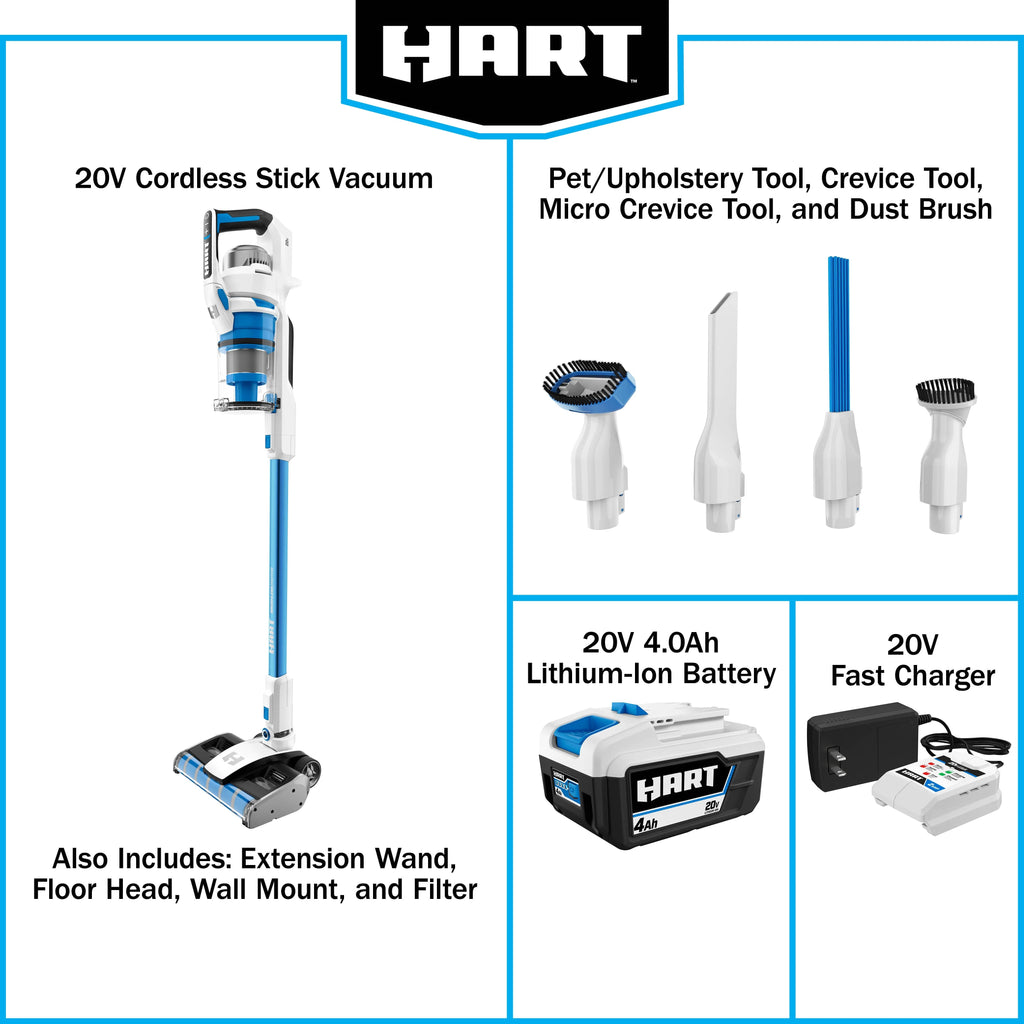 HART 20-Volt Dual Brushroll Stick Vacuum Kit With 4.0 Ah Lithium-Ion Battery