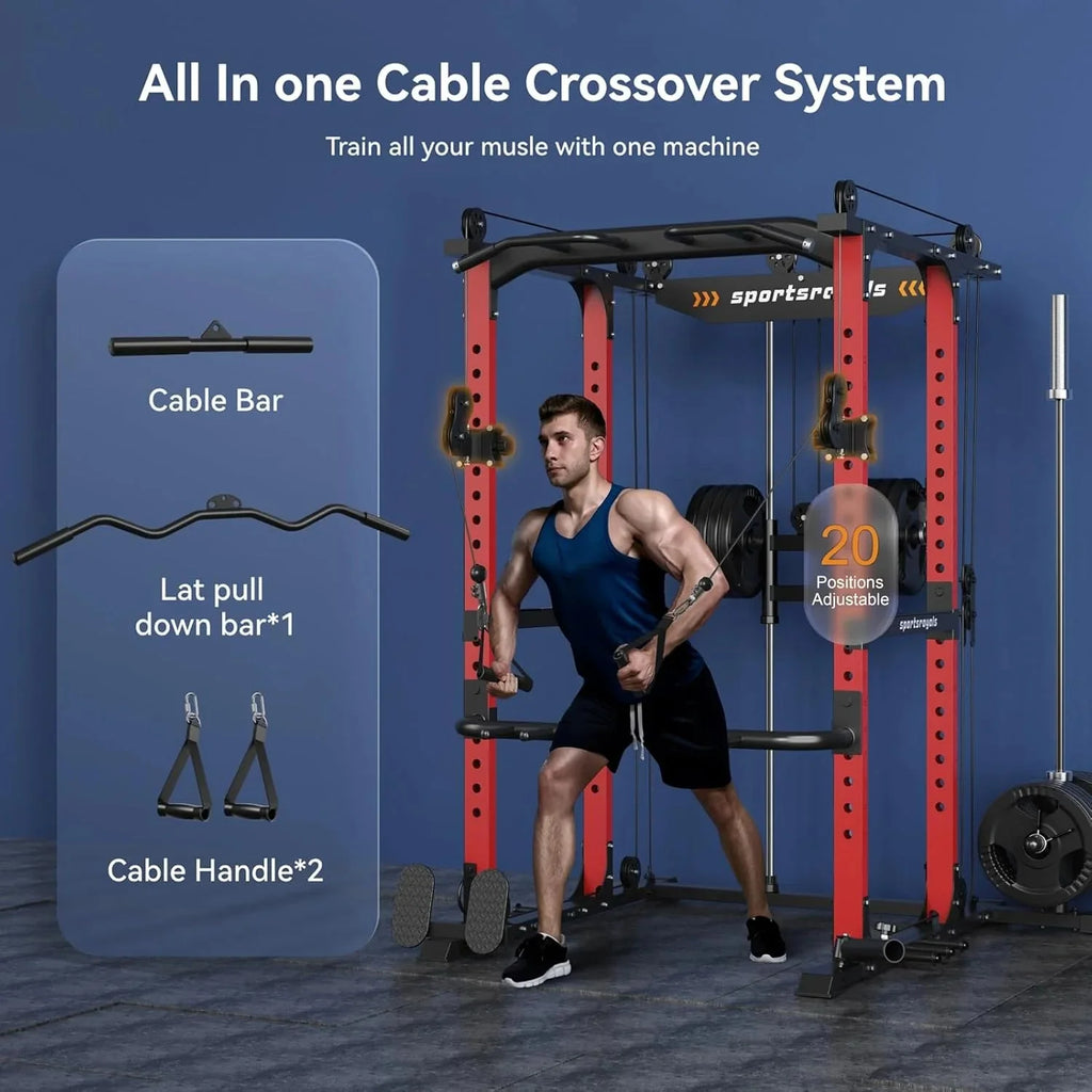 Sportsroyals Power Cage With Adjustable Cable Crossover System, 1600 lbs, Red, 61.6 x 56.0 x 82.6 in - Power Cage
