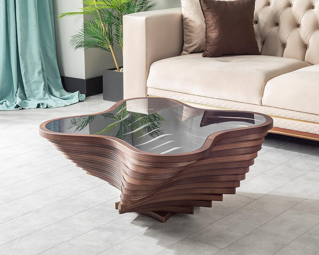 Coffee Table With Tempered Glass Tabletop And Natural Walnut Veneer, 35.43in D x 35.43in W x 16.53in H