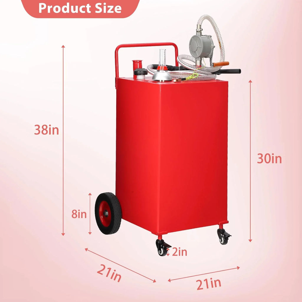 30 Gallon Stainless Steel Fuel Caddy With Manual Transfer Pump, 4-Wheel Design, Red