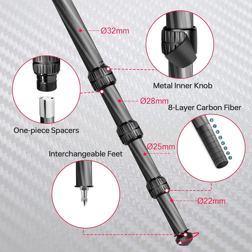 Manbily Carbon Fiber Hunting Tripod, 62.2-Inch, 44mm Ball Head - WZ-324PA03