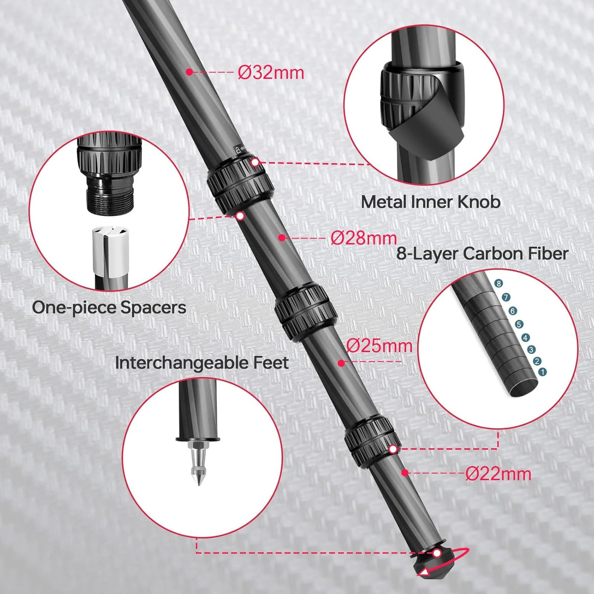 Manbily Carbon Fiber Hunting Tripod, 62.2-Inch, 44mm Ball Head - WZ-324PA03