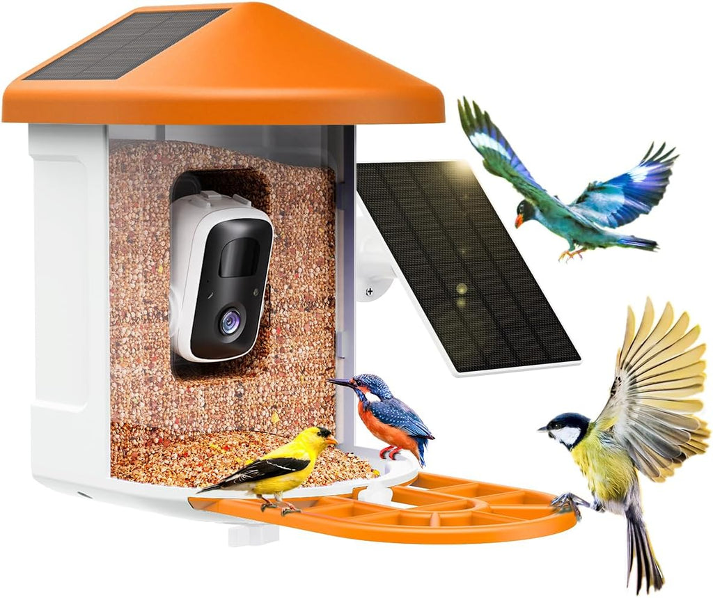 Harymor Bird Feeder Camera With AI Bird Identification, 2K Live View, Solar Panels, Orange