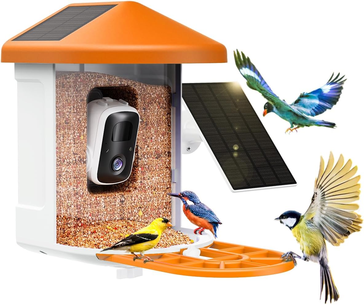 Harymor Bird Feeder Camera With AI Bird Identification, 2K Live View, Solar Panels, Orange