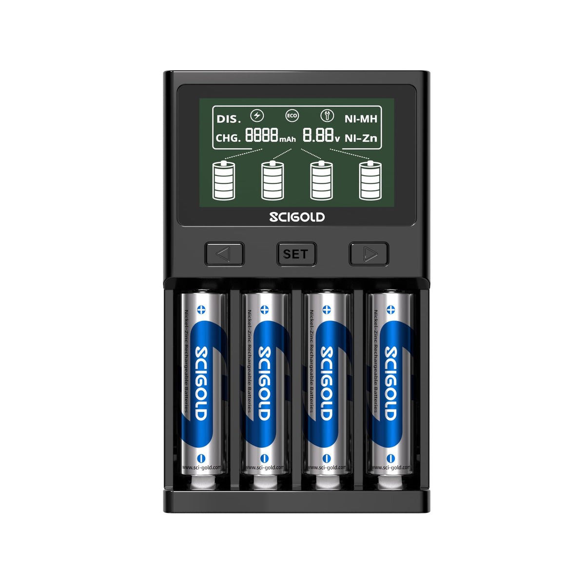 Scigold Ni-Zn AA Batteries, 4 Pack, 2500mWh, 1.6V With 4-Slot Ni-Zn/Ni-MH Charger - SG-C00H-0404 + SG-B00A-ZN01