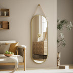 Full Length Wall Mirror, 48 x 16 Inch, Black, Leather Strap