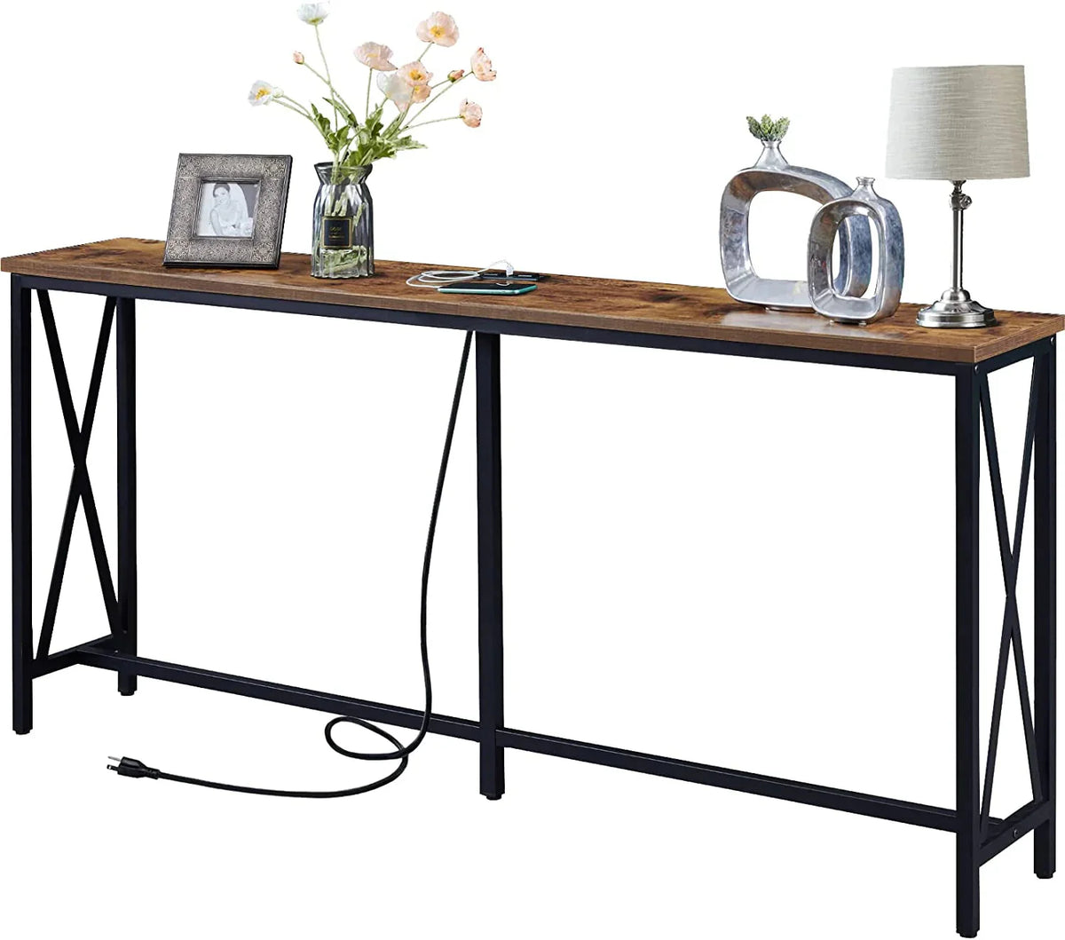 SUPERJARE Console Table With 2 Outlets And 2 USB Ports, Rustic Brown, 70.9in x 11.8in x 31.5in
