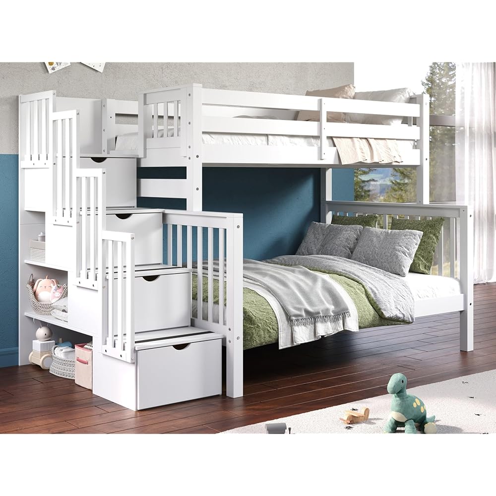 Bedz King Twin-Over-Full Solid Wood Bunk Bed With Stairway Drawers - White