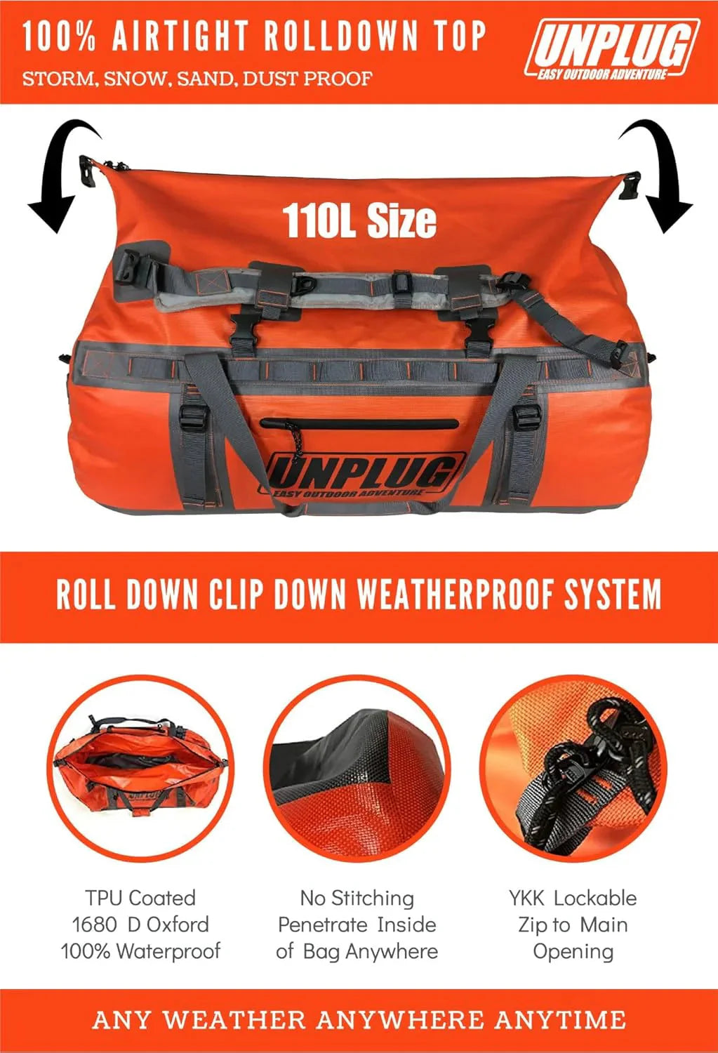 UNPLUG Waterproof Duffel Backpack, 65L, Adventure Orange - 100000