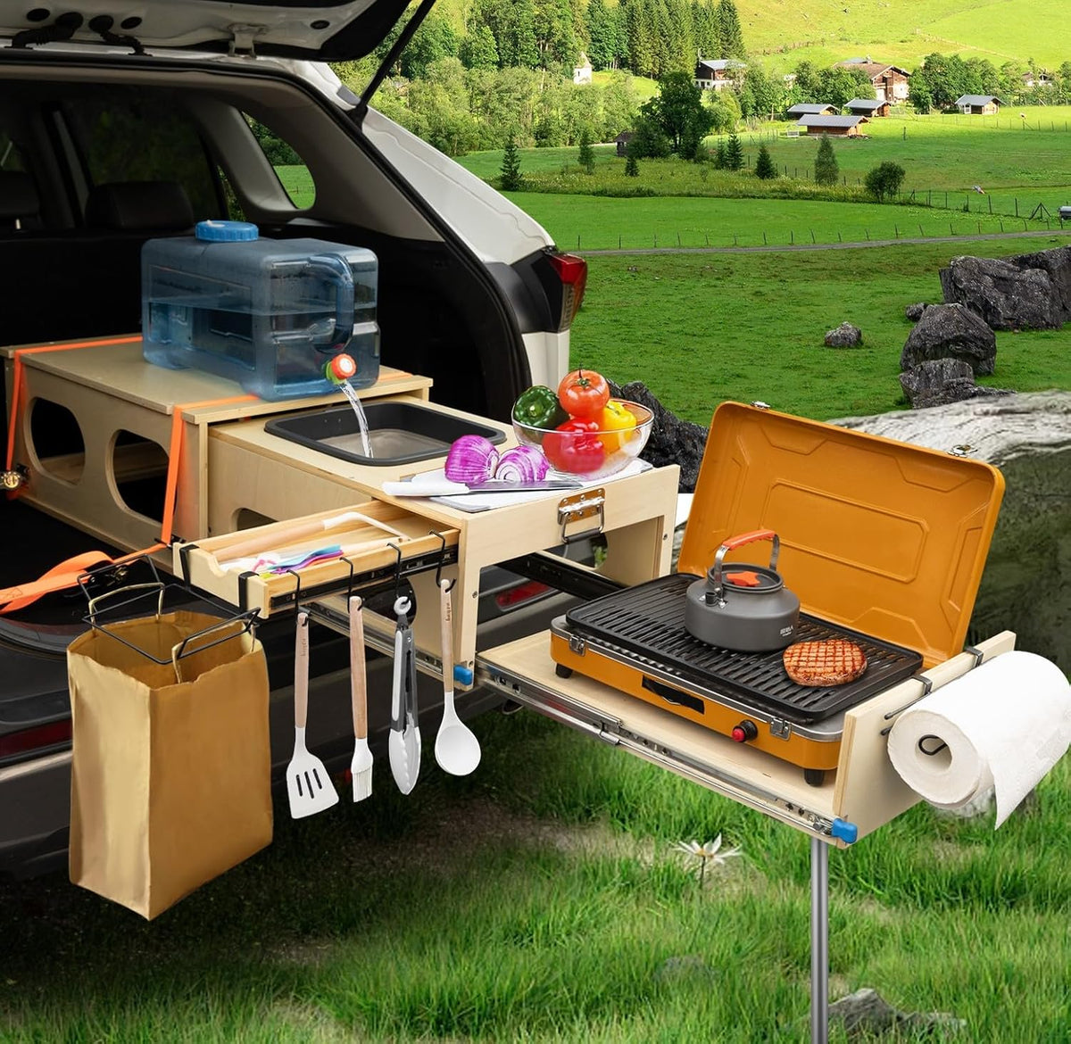 Ultimate Land Kitchen Camping Kitchen Kit With Folding Sink And 2 Ratchet Straps - Right Side (Passenger Side)