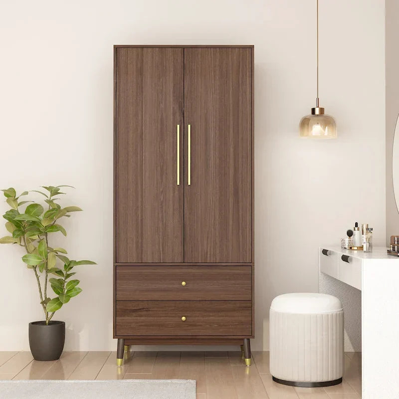 2-Door Wardrobe Closet Armoire With 2 Drawers And Clothes Rail - 70.9H x 31.5W x 19.1D