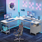 66 Inch Reversible L-Shaped Computer Gaming Desk With Power Outlet, File Drawer, 2 Monitor Stands, Rustic Brown