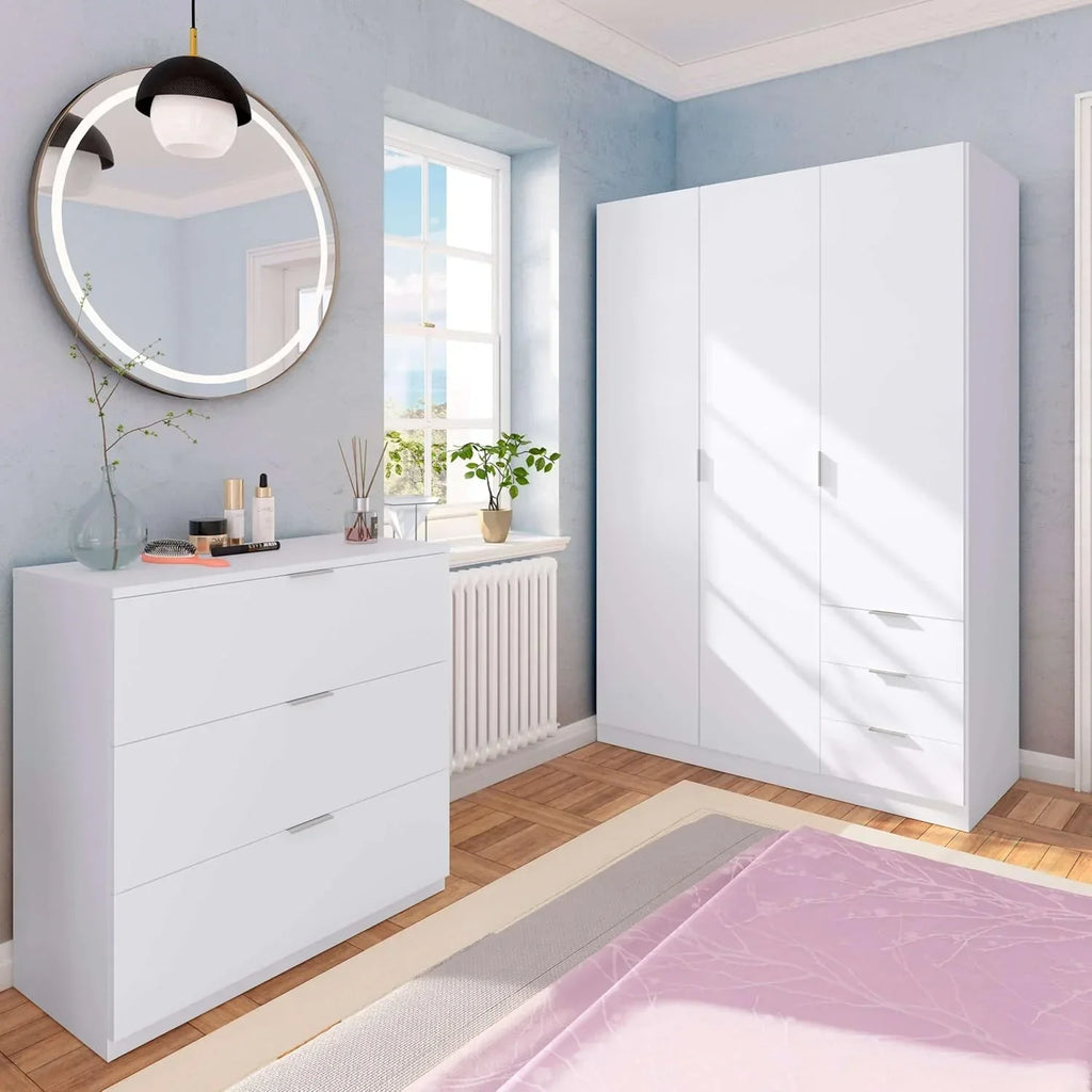 Habitdesign Three-Door Three-Drawer Wardrobe Closet, Artic White, 121 cm W x 180 cm H x 52 cm D