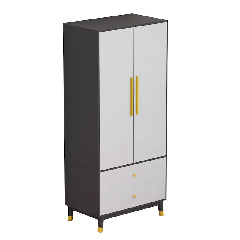 2-Door Wardrobe Closet Armoire With 2 Drawers And Clothes Rail - 70.9H x 31.5W x 19.1D