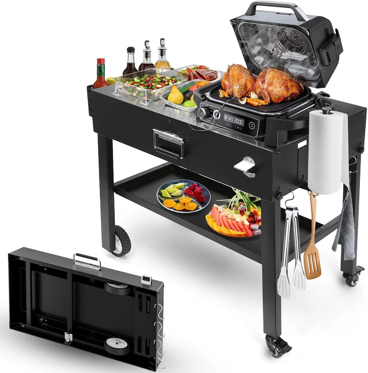 Foldable Outdoor Grill Cart Table, 31in x 17in, Black Carbon Steel