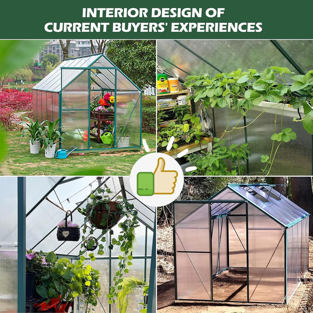 6'x10' Walk-In Greenhouse With 4mm 800G Polycarbonate Panels And Aluminum Frame - Green