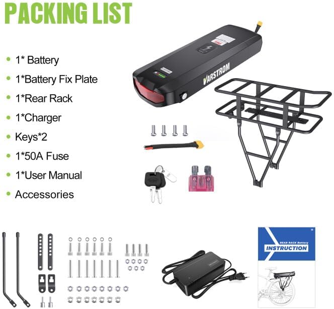 48V 17.5AH Lithium-Ion Rear Rack E-Bike Battery With 30A BMS, 3A Charger, Taillight And Safety Lock