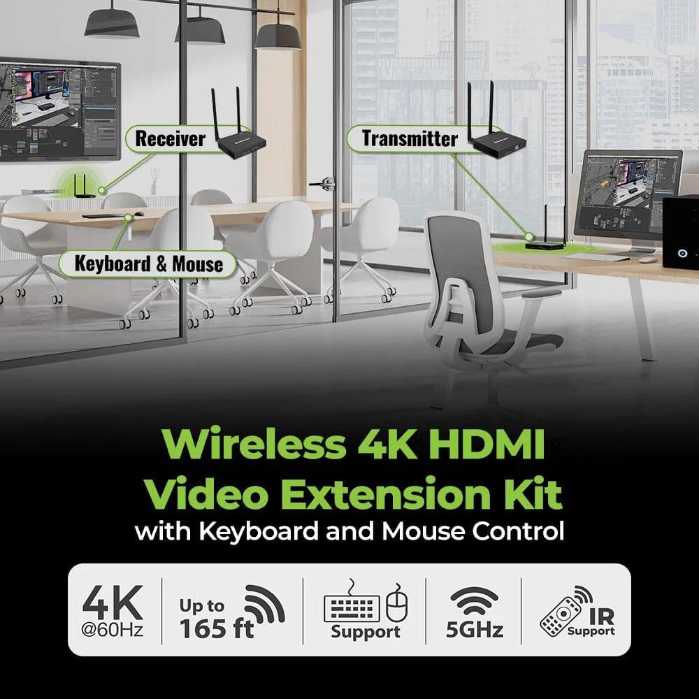 Wireless 4K HDMI Video Extender Transmitter And Receiver Kit With Keyboard And Mouse Control - 4K 60Hz, 165 Feet