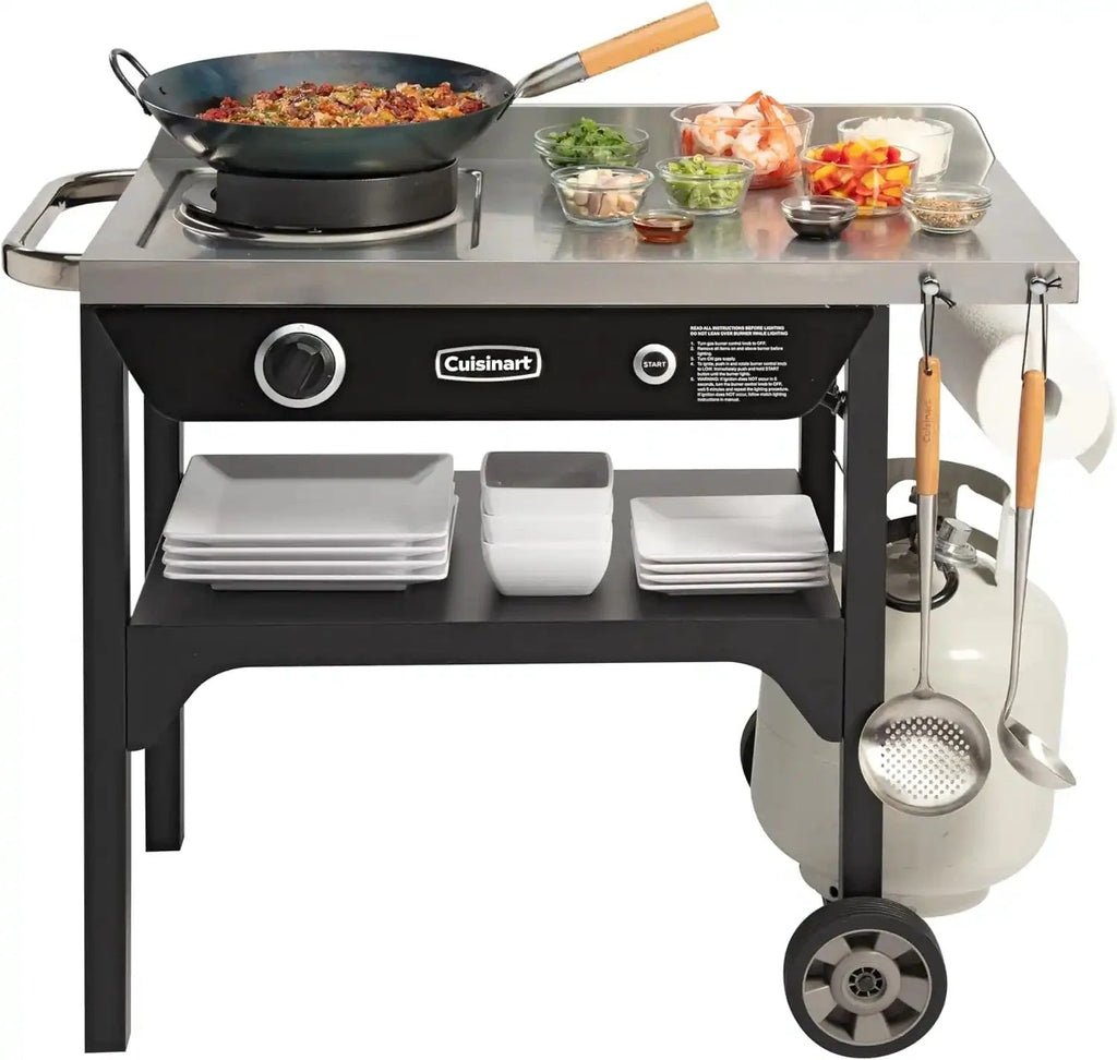 Cuisinart Outdoor Wok Station With Prep Table, 50,000 BTU, 14 inch Carbon Steel Wok - Black