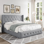 Queen Size Lift-Up Storage Bed With Wingback Headboard, Upholstered Platform Bed Frame With Hidden Storage
