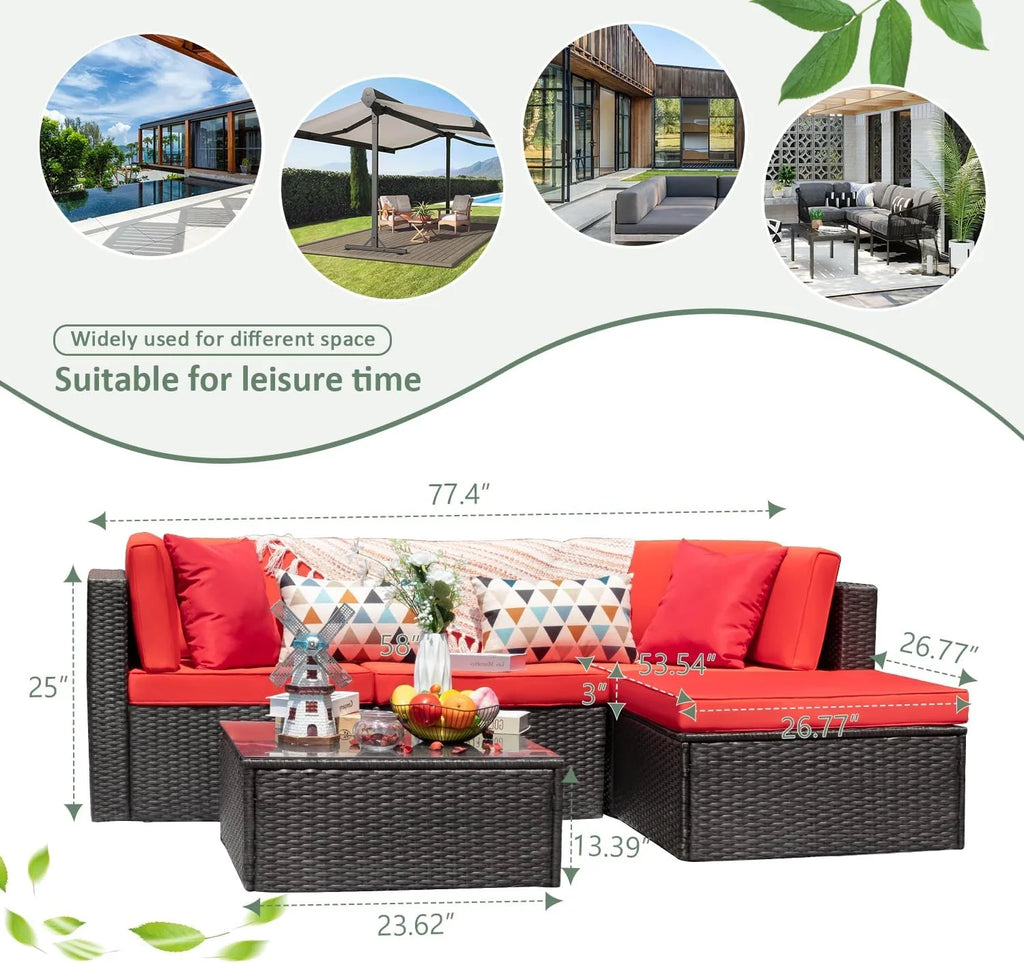 Devoko 5-Piece Outdoor Sectional Patio Sofa Set With Cushions And Glass Table - Beige