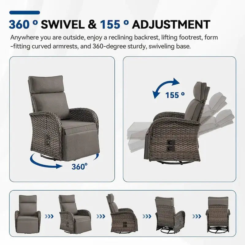 Pocassy 3-Piece Outdoor Recliner Set With Side Tables And Grey Cushions