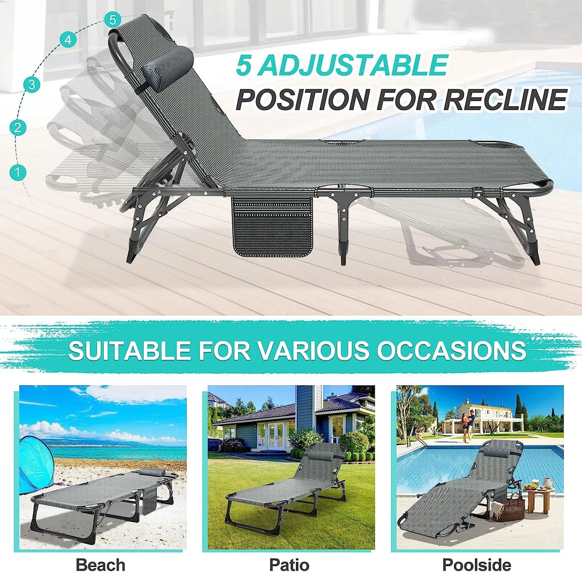 Slsy 5-Position Adjustable Folding Lounge Chair And Cot - 75.2" x 25.6" x 11.8"