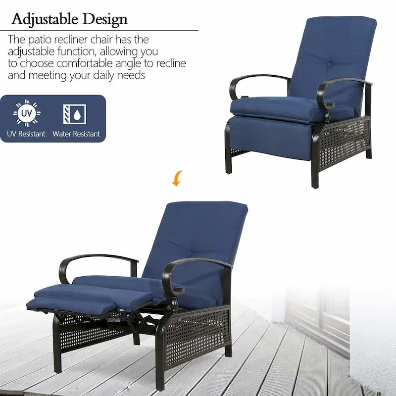 Adjustable Patio Recliner Lounge Chair With Cushion, 300 lbs - 38 (D) x 26.5 (W) x 38.5 (H) Inches