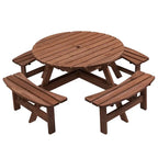 8-Person Fir Wood Round Picnic Dining Set With 4 Built-In Benches, 43.3-In Tabletop And Umbrella Hole