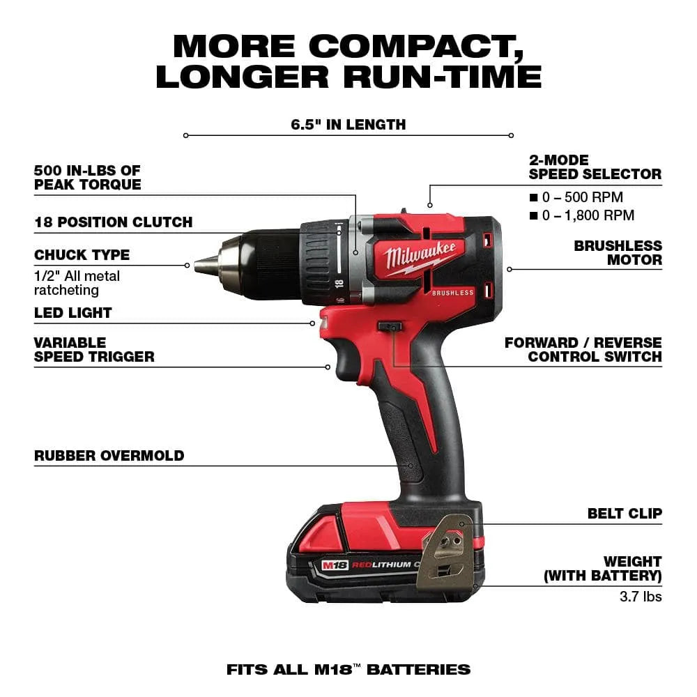 Milwaukee M18 18V Lithium-Ion Brushless Compact Drill/Impact Combo Kit, 2-Tool - 2892-22CT