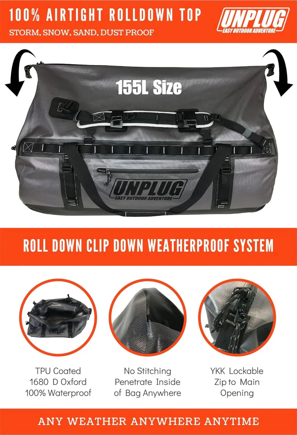 UNPLUG Waterproof Duffel Backpack, 65L, Adventure Orange - 100000