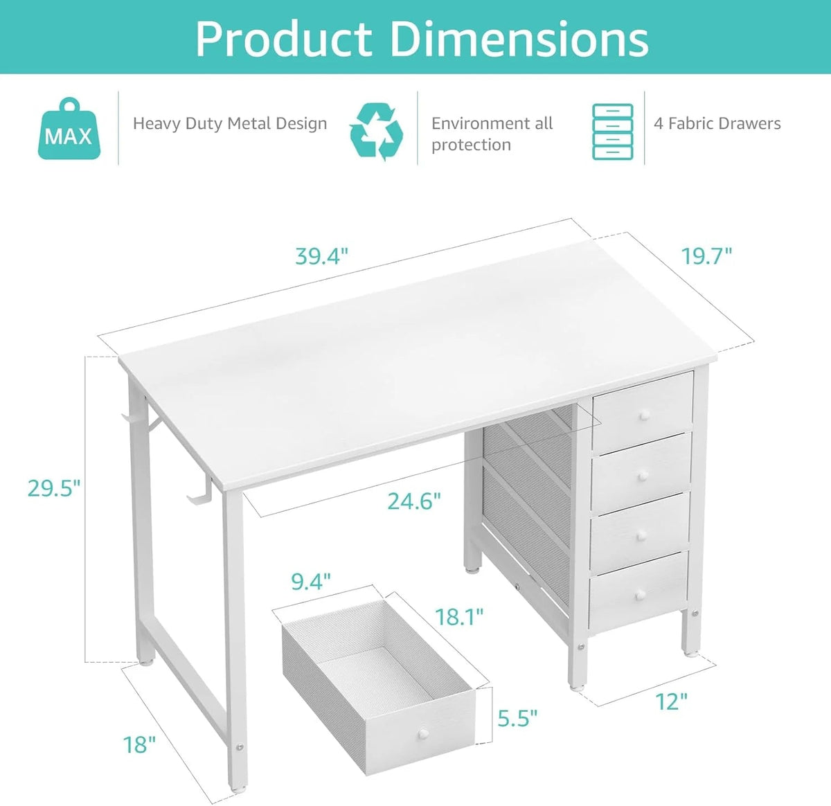 40 Inch Small White Computer Writing Desk With Fabric Drawers