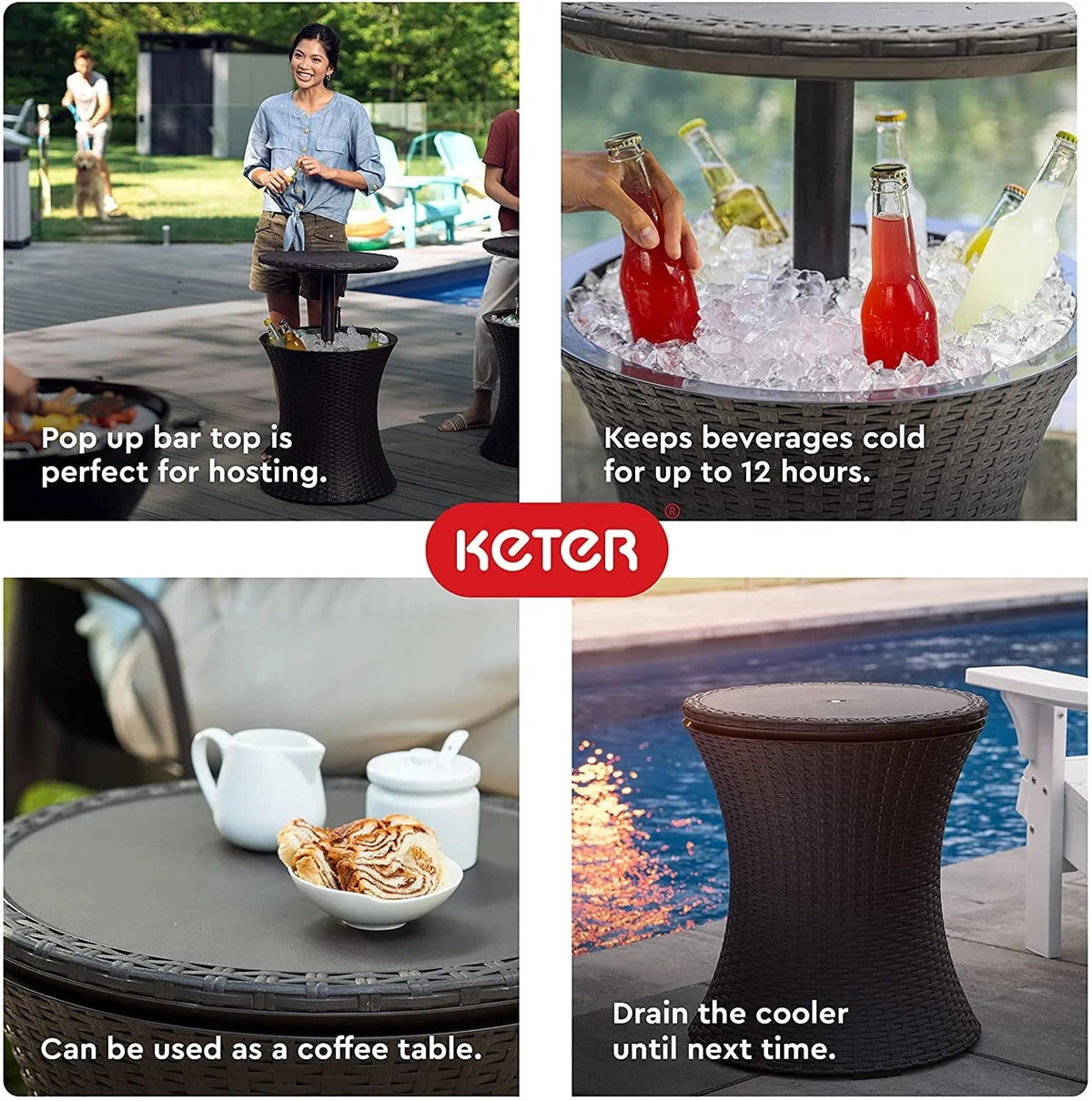 Keter Resin Outdoor Patio Beverage Cooler Table, 7.5 Gallon, Brown - Pacific