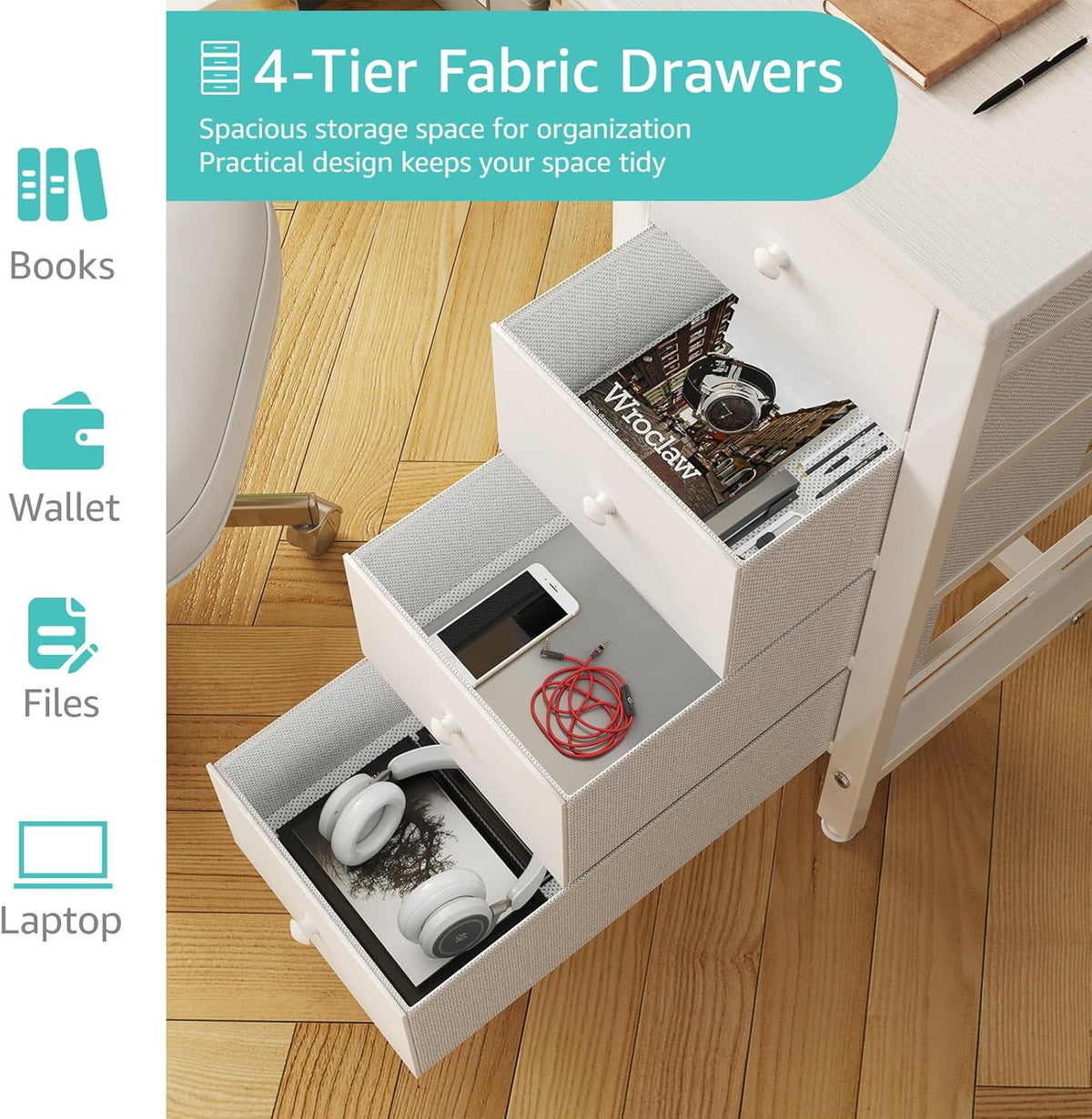 40 Inch Small White Computer Writing Desk With Fabric Drawers
