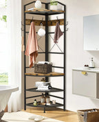 Corner Coat Rack Hall Tree With Shoe Bench, 6 Metal Hooks, Rustic Brown And Black, 17.72in x 17.72in x 72.05in