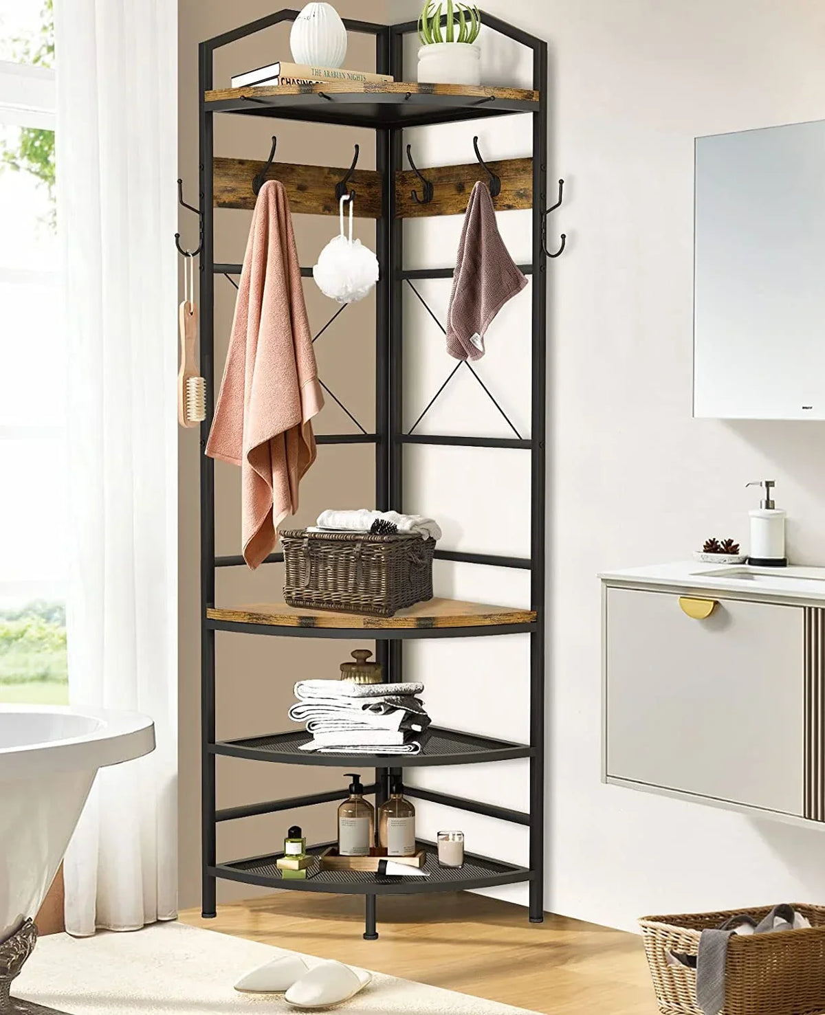 Corner Coat Rack Hall Tree With Shoe Bench, 6 Metal Hooks, Rustic Brown And Black, 17.72in x 17.72in x 72.05in