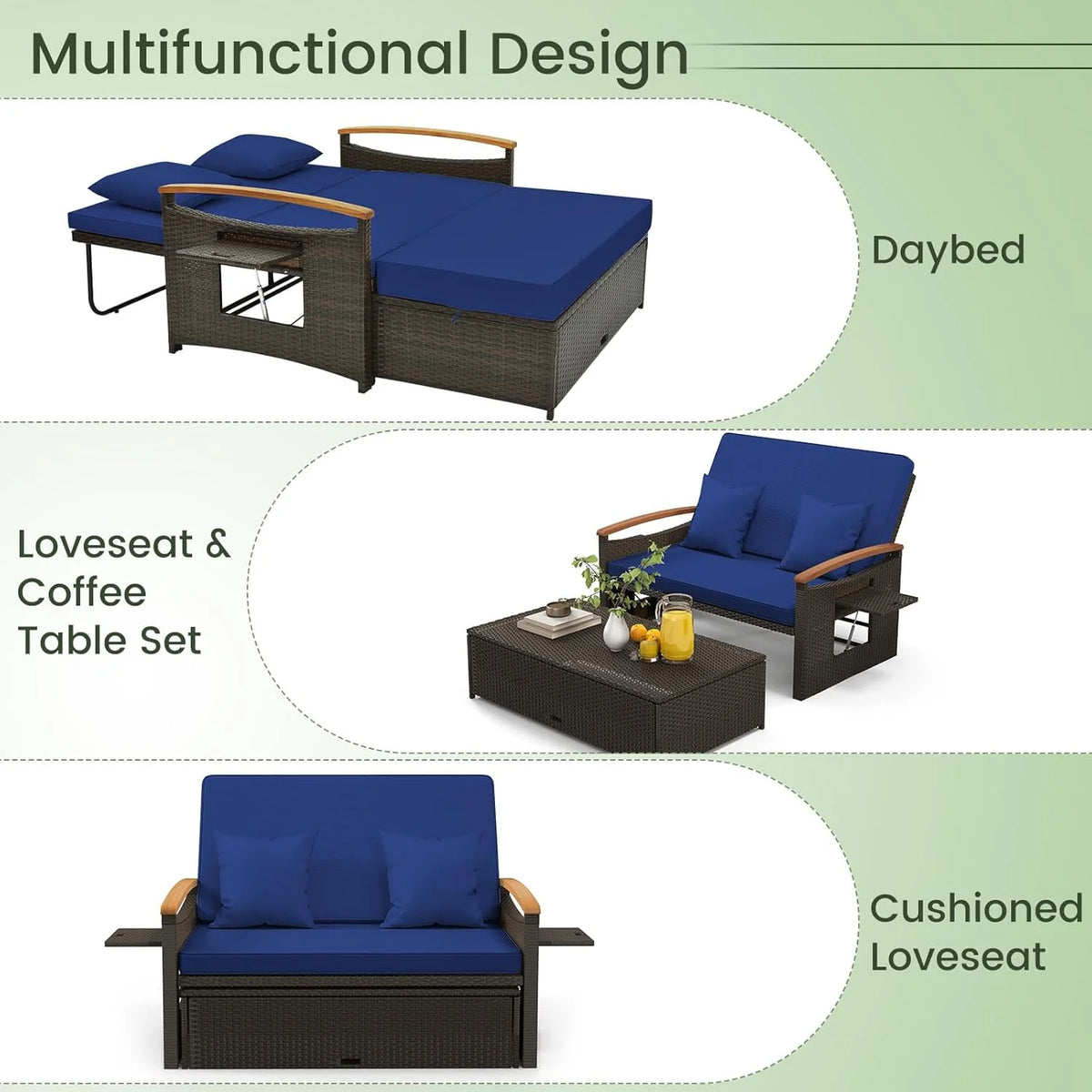 Moccha Outdoor Wicker Daybed Patio Rattan Loveseat Sofa With 4-Level Adjustable Backrest - Beige